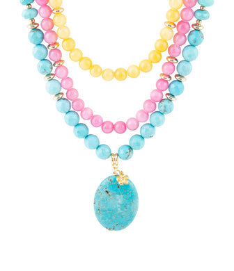 St. Augustine Pink Agate and Blue Turquoise Golden Pendant Necklace