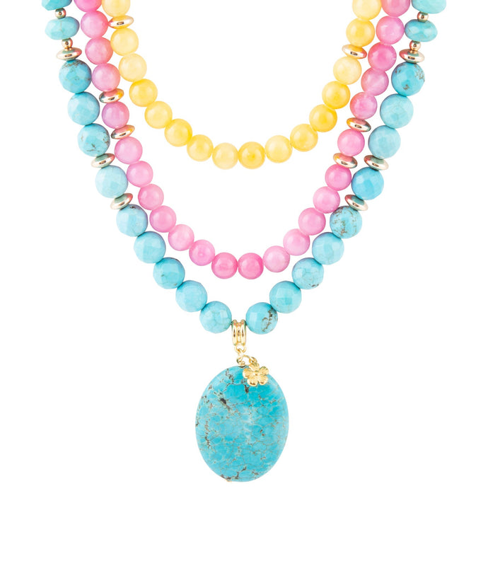 St. Augustine Pink Agate and Blue Turquoise Golden Pendant Necklace