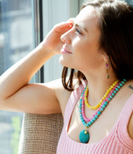 Load image into Gallery viewer, St. Augustine Pink Agate and Blue Turquoise Golden Pendant Necklace