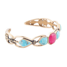 Load image into Gallery viewer, Blue Turquoise and Red Quartz Golden Cuff Bracelet