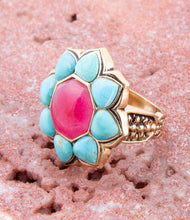 Load image into Gallery viewer, Blue Turquoise and Red Quartz Flower Golden Ring