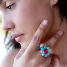 Load image into Gallery viewer, Blue Turquoise and Red Quartz Flower Golden Ring