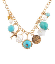 Load image into Gallery viewer, Blue Turquoise and White Pearl Multi Charm Golden Necklace