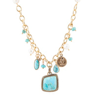 Load image into Gallery viewer, Blue Turquoise and White Pearl Multi Pendant Golden Necklace