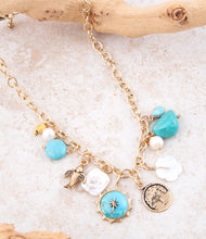 Load image into Gallery viewer, Blue Turquoise and White Pearl Multi Charm Golden Necklace