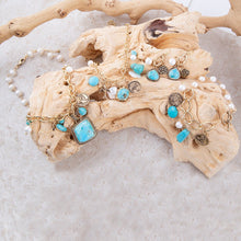Load image into Gallery viewer, Blue Turquoise and White Pearl Multi Pendant Golden Necklace