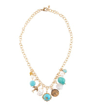 Load image into Gallery viewer, Blue Turquoise and White Pearl Multi Charm Golden Necklace