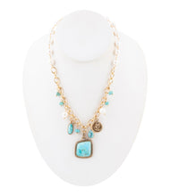 Load image into Gallery viewer, Blue Turquoise and White Pearl Multi Pendant Golden Necklace