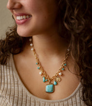 Load image into Gallery viewer, Blue Turquoise and White Pearl Multi Pendant Golden Necklace