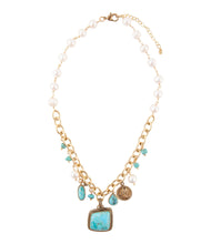 Load image into Gallery viewer, Blue Turquoise and White Pearl Multi Pendant Golden Necklace
