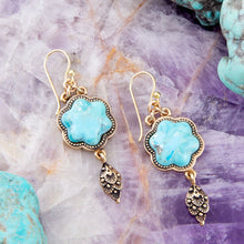 Load image into Gallery viewer, Blue Turquoise Flower Golden Drop Earrings