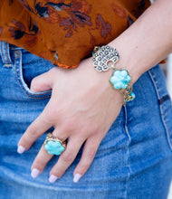 Load image into Gallery viewer, Blue Turquoise Flower Golden Ring