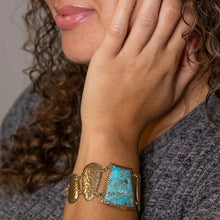 Load image into Gallery viewer, Blue Turquoise Jeweled Statement Link Golden Bracelet