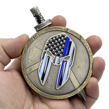 Load image into Gallery viewer, EL6-019 Thin Blue Line Police Warrior Gladiator Shield with removable Sword Challenge Coin Set Deputy Sheriff CBP ATF LAPD NYPD DEA HSI ICE