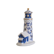 Load image into Gallery viewer, Blue and White Toile Lighthouse with 22K Gold Accents