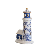 Load image into Gallery viewer, Blue and White Toile Lighthouse with 22K Gold Accents
