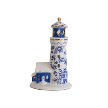 Load image into Gallery viewer, Blue and White Toile Lighthouse with 22K Gold Accents