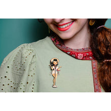 Load image into Gallery viewer, Pin-up Singer Standing w/ Microphone Brooch by Laliblue