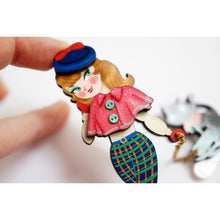 Load image into Gallery viewer, Girl with Cat on Sled Brooch by Laliblue