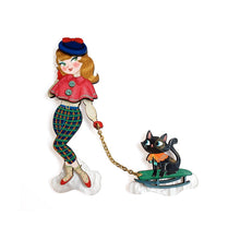 Load image into Gallery viewer, Girl with Cat on Sled Brooch by Laliblue