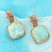 Load image into Gallery viewer, Carved Blue Turquoise Golden Drop Earrings