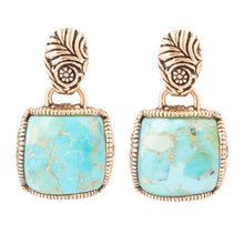 Load image into Gallery viewer, Carved Blue Turquoise Golden Drop Earrings