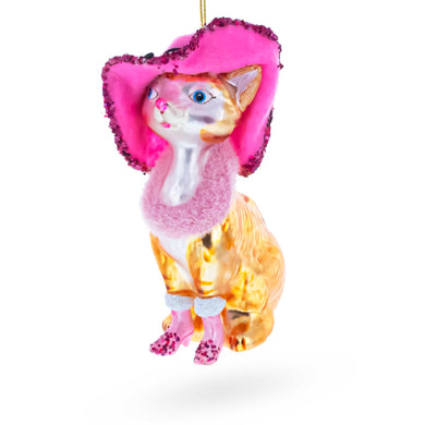 Lady Cat with Pink Hat Glass Christmas Ornament