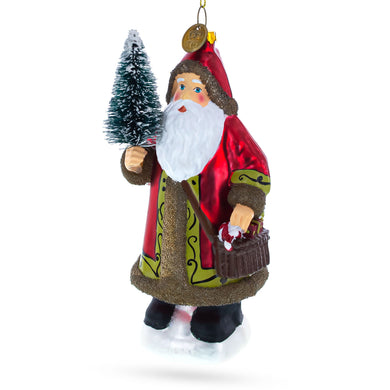 Santa with Fir Tree Glass Christmas Ornament
