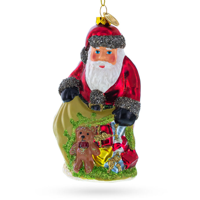 Santa with Toy Sack Glass Christmas Ornament