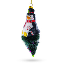 Load image into Gallery viewer, Penguin on Upside Down Tree Glass Christmas Ornament