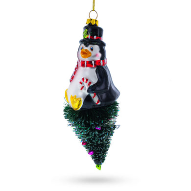 Penguin on Upside Down Tree Glass Christmas Ornament