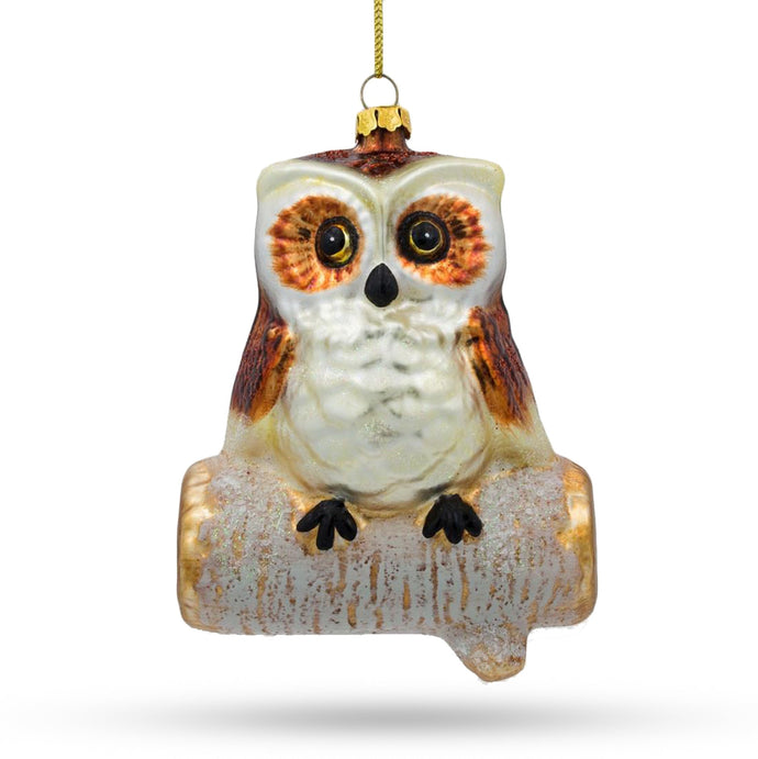 Wise Owl Sitting on a Branch Glass Christmas Ornament