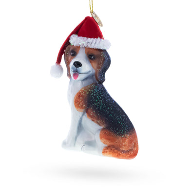 Beagle Dog with Santa Hat Glass Christmas Ornament
