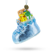 Load image into Gallery viewer, Teddy Bear Nestled in a Blue Shoe for Baby's First Glass Christmas Ornament