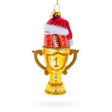 Load image into Gallery viewer, Football Trophy in Santa Hat Glass Christmas Ornament