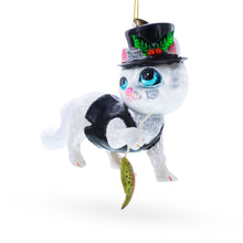 Load image into Gallery viewer, Cat in Black Costume Holding Fish Glass Christmas Ornament