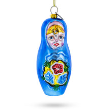 Load image into Gallery viewer, Blue Doll with Flower Glass Christmas Ornament