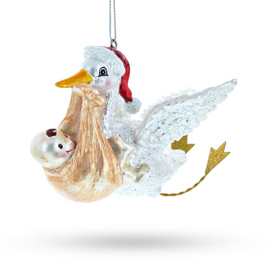 Charming Stork Carrying Baby Glass Christmas Ornament