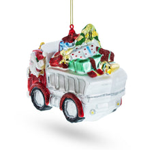 Load image into Gallery viewer, Santa Driving a Dump Truck Full of Presents Glass Christmas Ornament