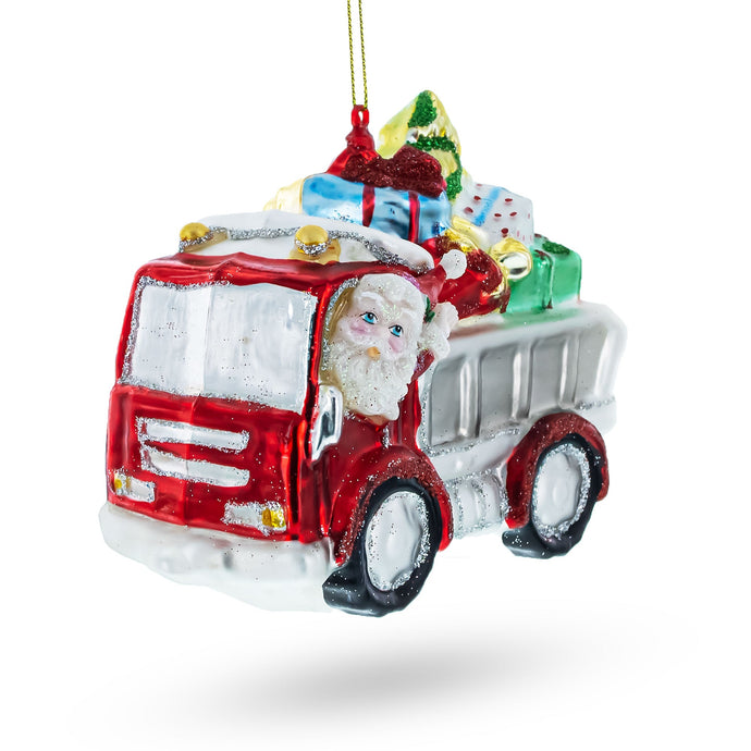 Santa Driving a Dump Truck Full of Presents Glass Christmas Ornament