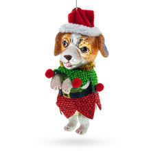 Load image into Gallery viewer, Santa Pup in Elf Costume Glass Christmas Ornament