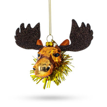 Load image into Gallery viewer, Moose Head Adorned with Tinsel Collar Glass Christmas Ornament