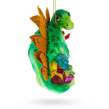 Load image into Gallery viewer, Green Dinosaur with Gifts Glass Christmas Ornament