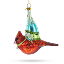 Load image into Gallery viewer, Gnome Riding Red Cardinal Glass Christmas Ornament