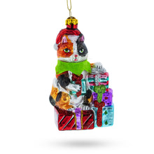 Load image into Gallery viewer, Cat Surrounded by Gift Boxes Glass Christmas Ornament