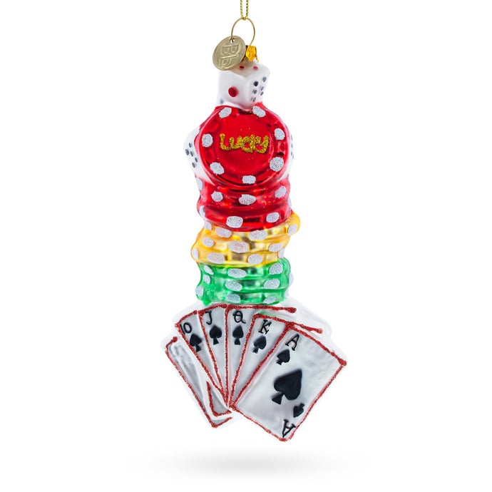 Casino Poker Chips and Cards Glass Christmas Ornament