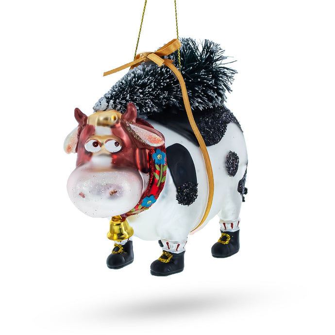 Cow Carrying Tree Glass Christmas Ornament