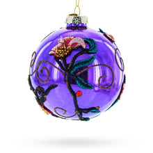 Load image into Gallery viewer, Embroidered Flowers on Purple Glass Ball Christmas Ornament