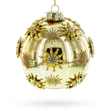 Load image into Gallery viewer, Jeweled Snowflakes Adorning a Golden Glossy Glass Ball Christmas Ornament