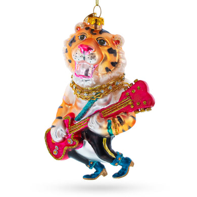 Rockstar Tiger with Guitar Glass Christmas Ornament